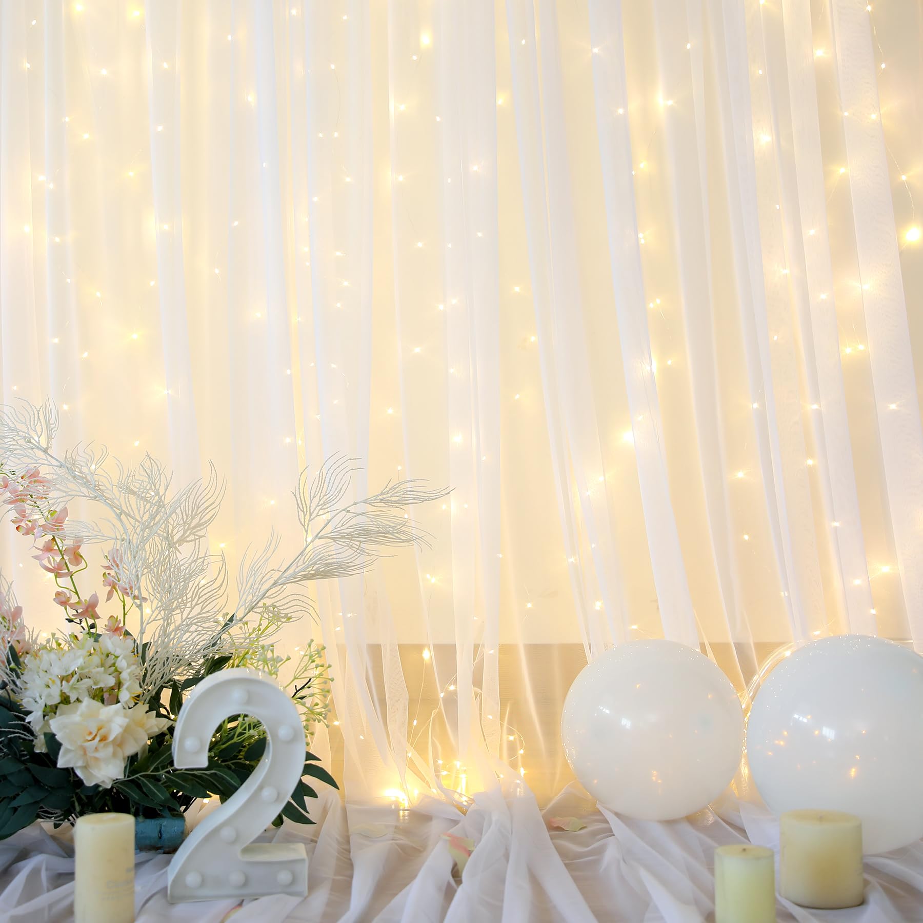 White Tulle Backdrop Curtain With Lights String For Parites 20  8Ft Sheer Backdrop Curtains White Curtain Backdrop For Wedding B